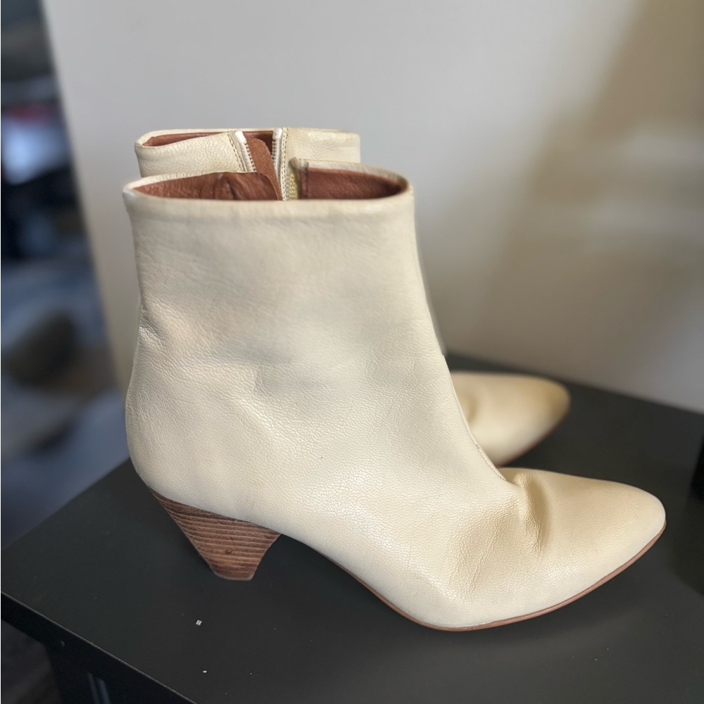 Free People Cream Leather Ankle Booties with Stacked Heel